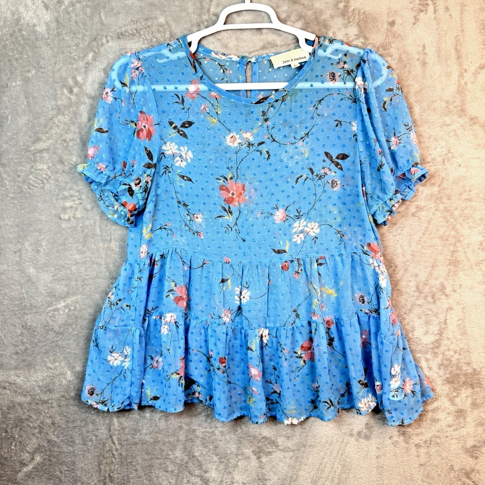 june & hudson Blue Floral Swiss Dot Ruffle Blouse